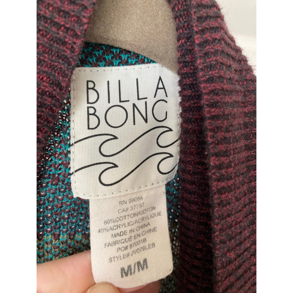 Billabong Aztec Knit Sweater Cardigan Open Front Tribal Boho Maroon M Cali Surf - Picture 4 of 9